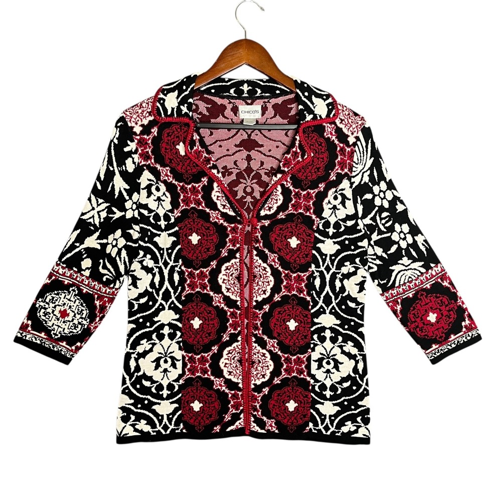 Chicos Silk Cotton Jacquard Knit Cardigan Sweater Jacket Black Red Sz 0‎ US 4